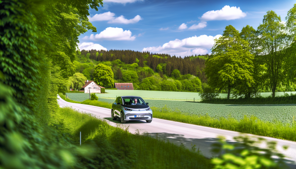 An electric car driving through a scenic route with lush greenery and clear skies