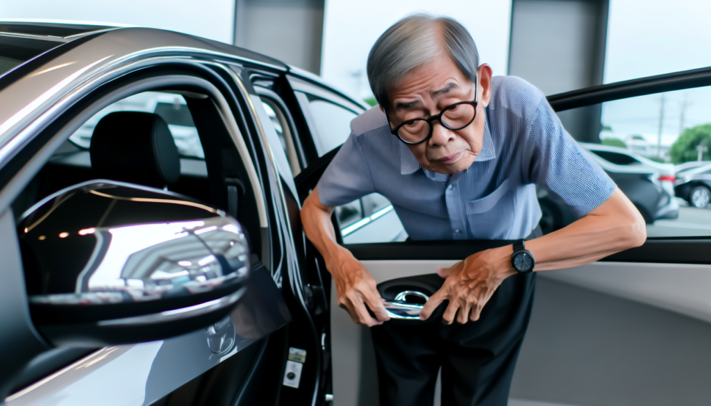 Senior man testing the accessibility of a rental car