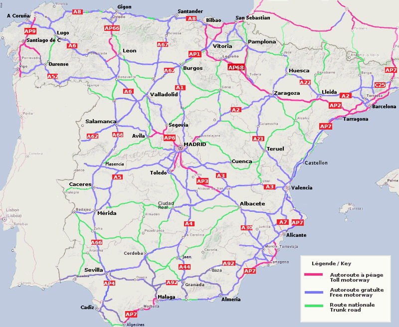 Spain toll roads map