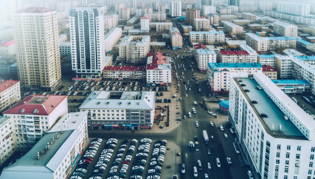 Vista aérea de una ciudad con varios coches circulando y estacionados, representando la movilidad urbana y el concepto de carsharing que es.