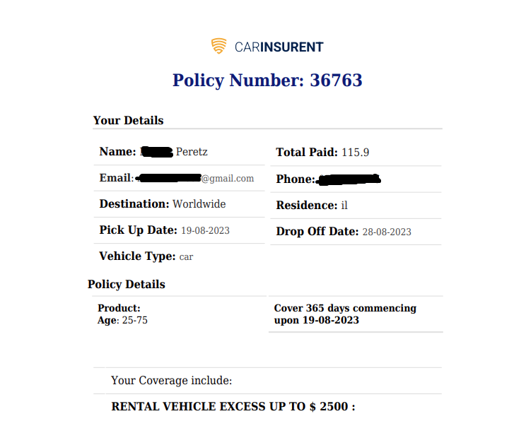 Copy of Mr. Peretz Car Hire Excess Policy